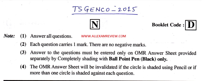 TSGENCO 2015 AE Electrical Questions Paper