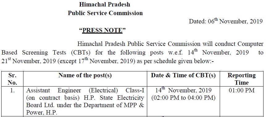 HPPSC AE Electrical 2019 Admit Card Out