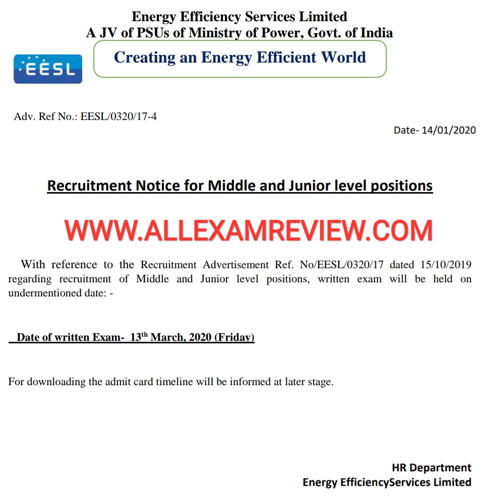 EESL Exam Date Out Exam On 13th March 2020