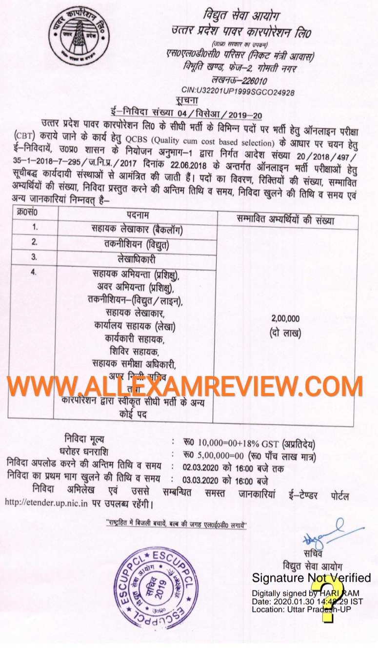 UPPCL CBT Tender For AE JE And Others Post