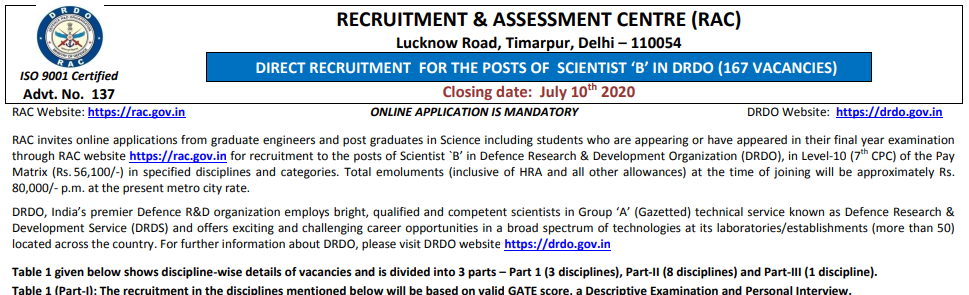 DRDO Recruitment Scientist B Through GATE 2020