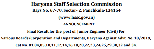 HSSC JE Civil 2019 Final Result And Cut Off Out