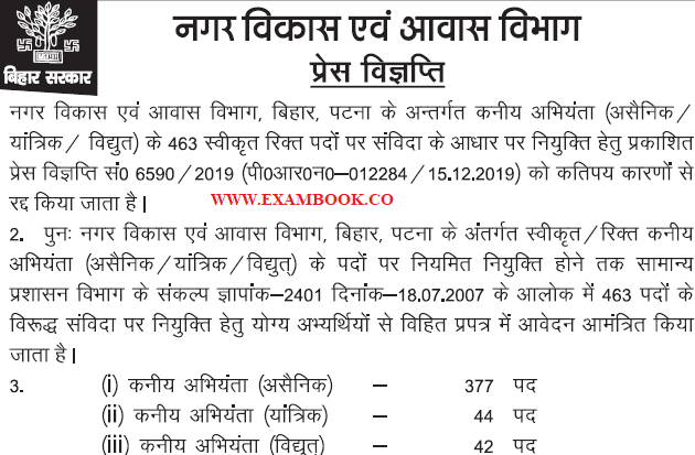 Bihar UDHD Junior Engineer Re Open 2020