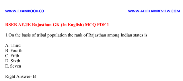 RSEB AE Rajasthan GK MCQ PDF 1