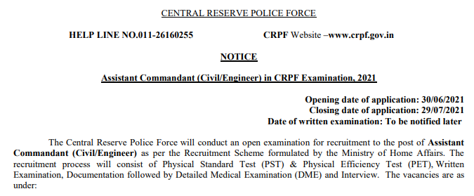 CRPF Recruitment Assistant Commandant 2021