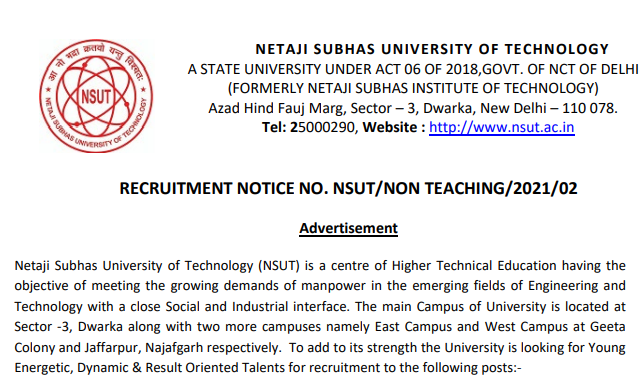 NSUT LDC Technical Assistant Recruitment 2021