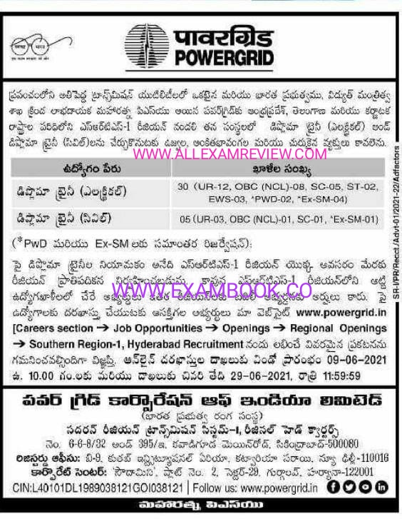 PGCIL SR I Diploma Trainee 2021