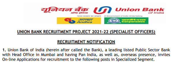 Union Bank of India Specialist Officer 2021