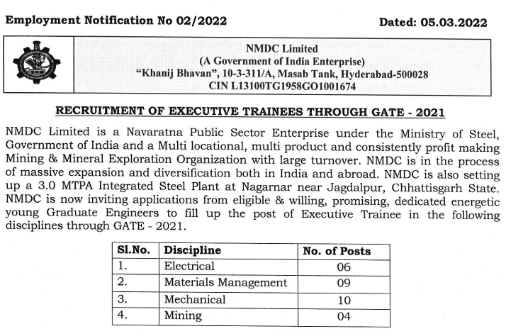 NMDC Recruitment Executive Trainee 2021