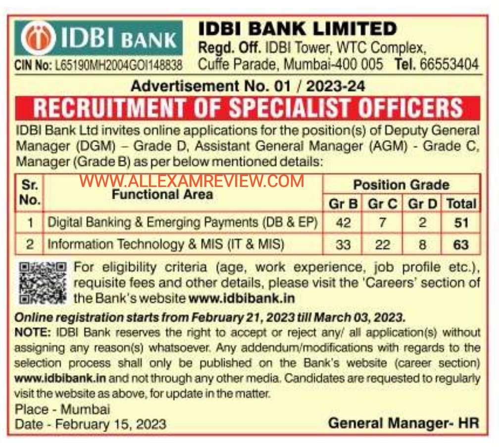 IDBI Recruitment Specialist Officer 2023