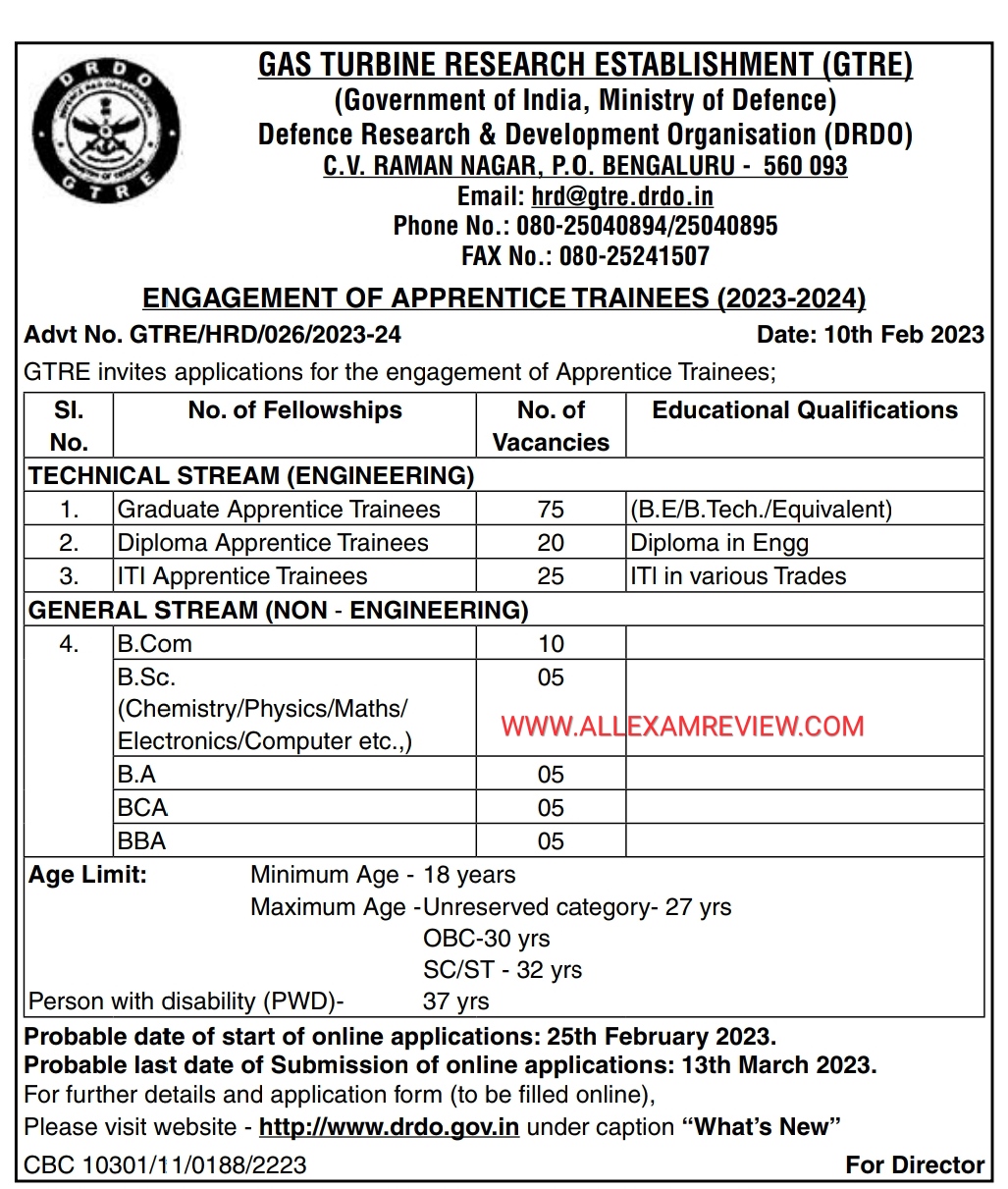 DRDO GTRE Apprentice 2023