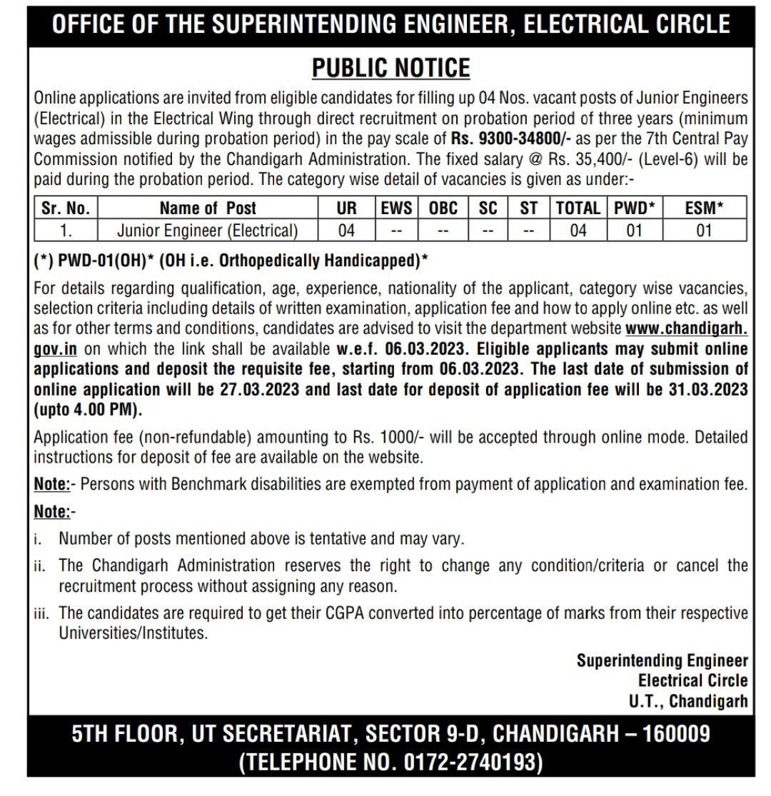 Chandigarh Recruitment JE Electrical 2023
