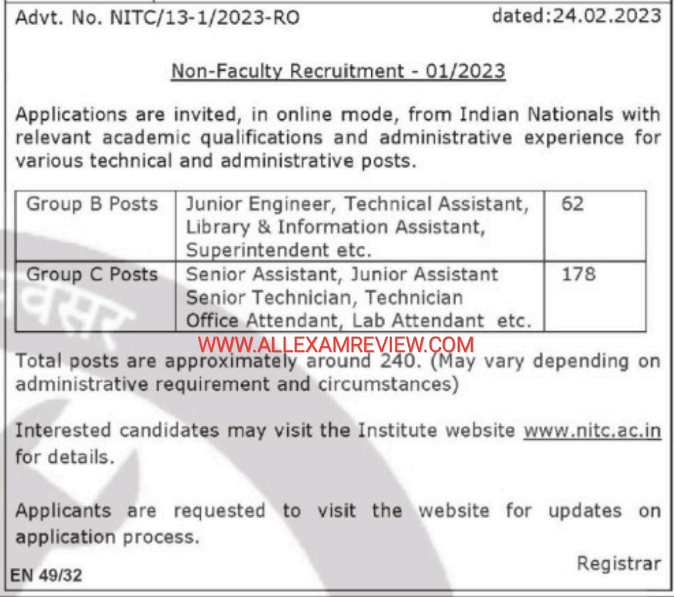 NIT Calicut Recruitment Non-Teaching 2023