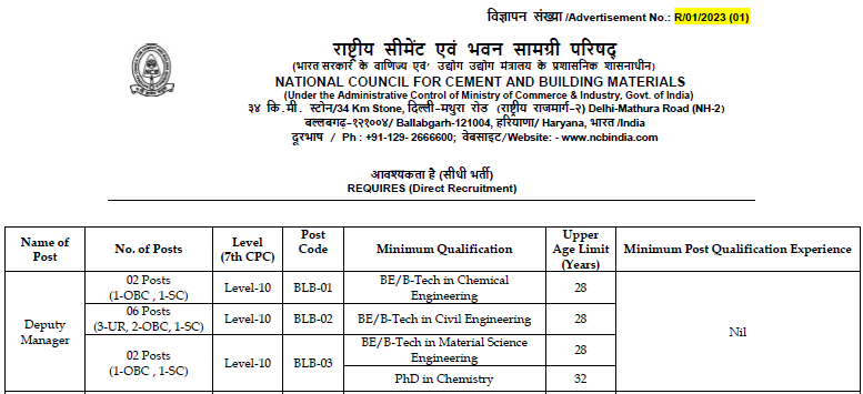 NCB India Recruitment Deputy Manager 2023