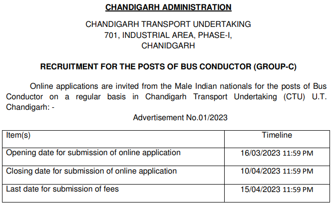 Chandigarh CTU Recruitment Conductor 2023