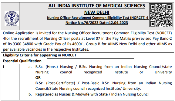 AIIMS NORCET Recruitment Nursing Officer 2023