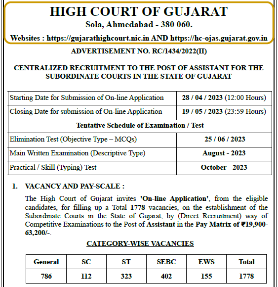 Gujarat High Court Recruitment Assistant 2023