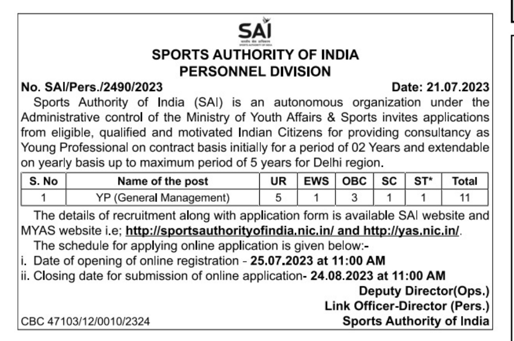 SAI Young Professional Recruitment 2023