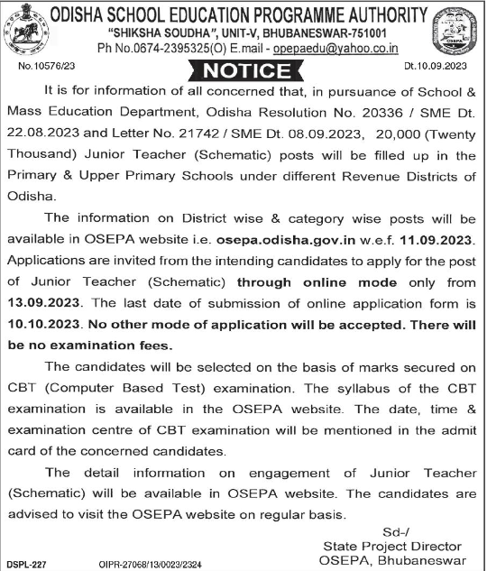 OSEPA Junior Teacher Recruitment 2023