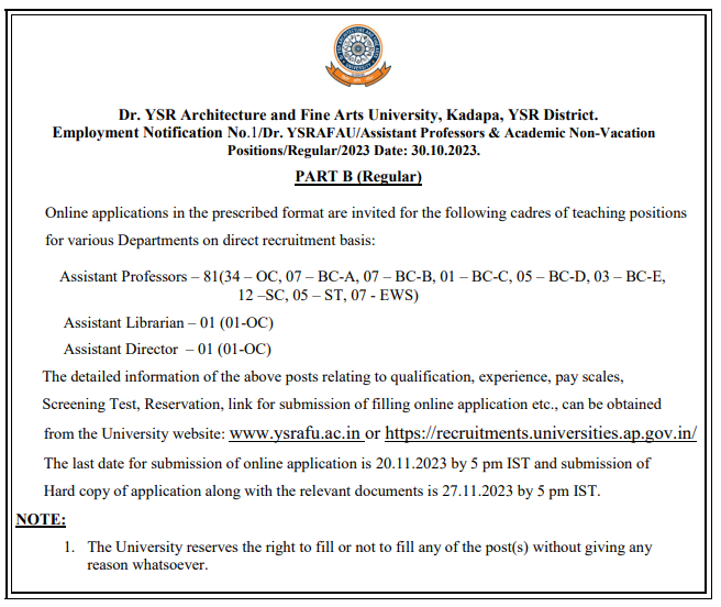 YSRAFU Assistant Professors Recruitment 2023