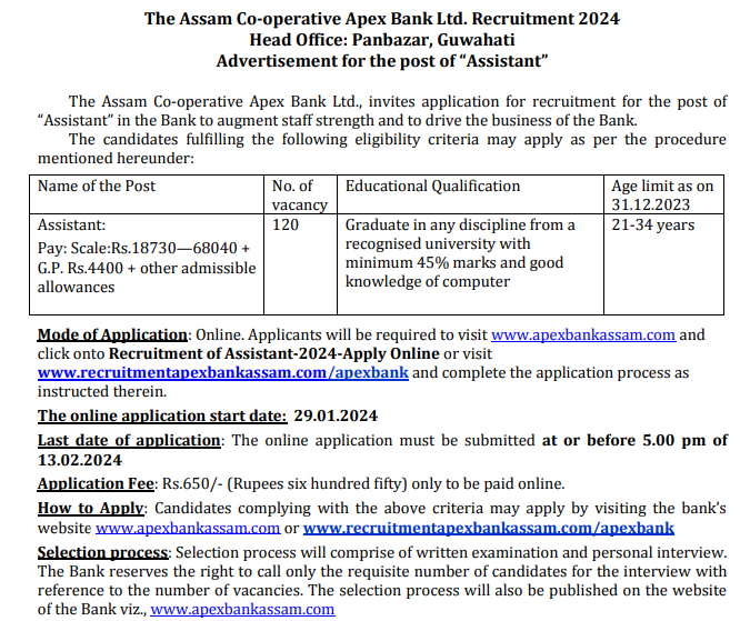 Assam Cooperative Apex Bank Recruitment 2024