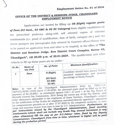 Chandigarh District Court Recruitment 2024
