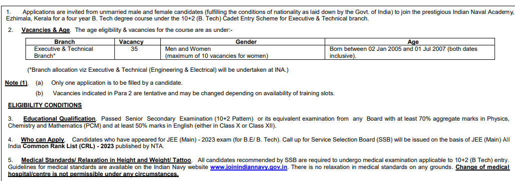 Indian Navy Cadet Entry Scheme 2024