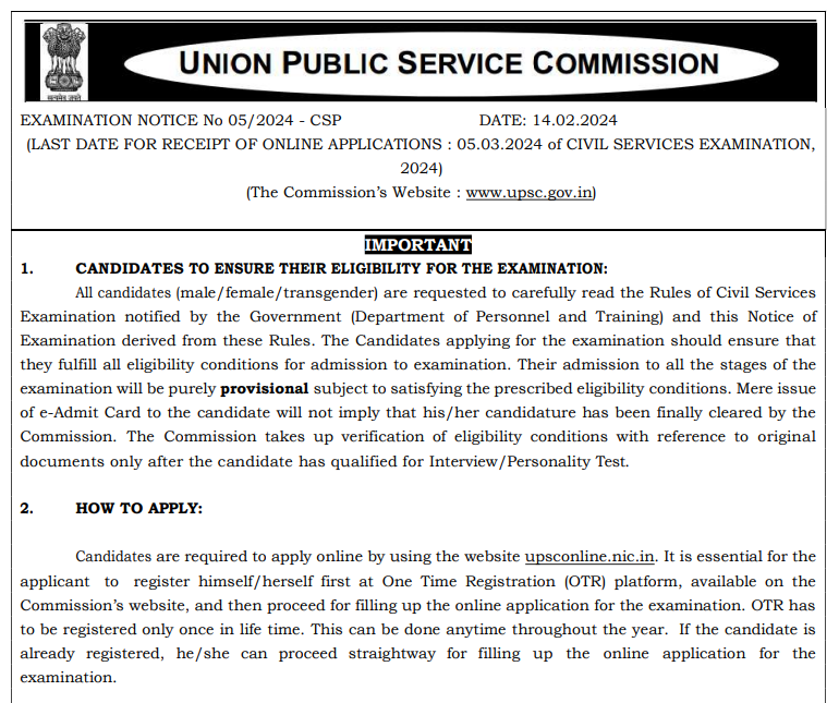 UPSC Civil Service Examination 2024