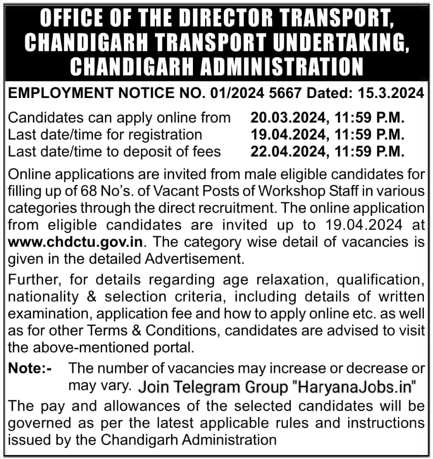 Chandigarh CTU Workshop Staff Recruitment 2024