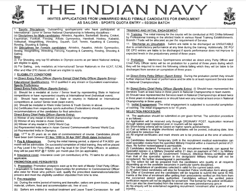 Indian Navy Sports Quota Recruitment 2024
