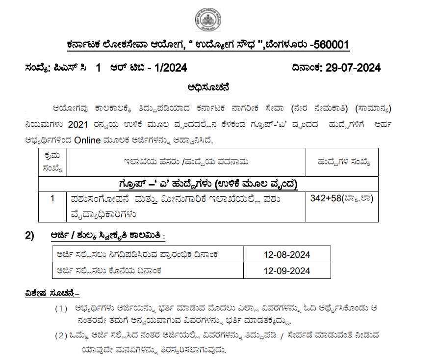KPSC Veterinary Officer Recruitment 2024