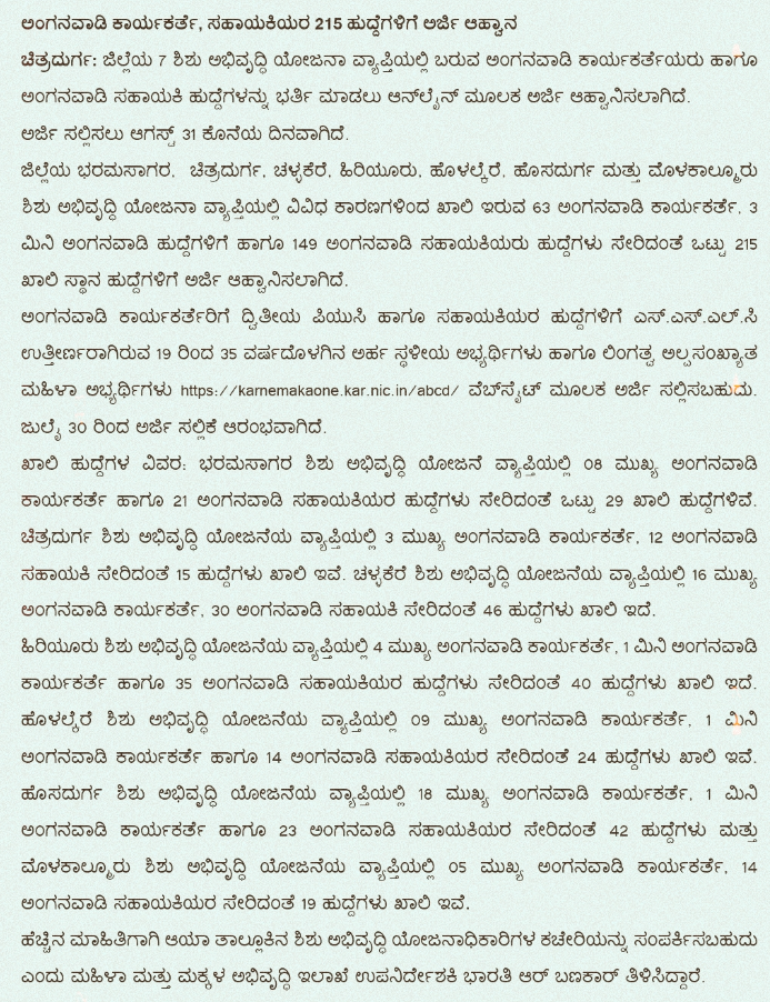 WCD Chitradurga Anganwadi Recruitment 2024