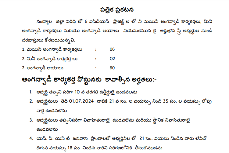 WCD Nandyal Anganwadi Recruitment 2024