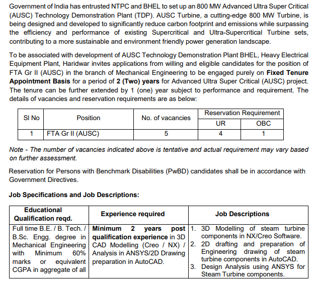 BHEL FTA Recruitment 2024