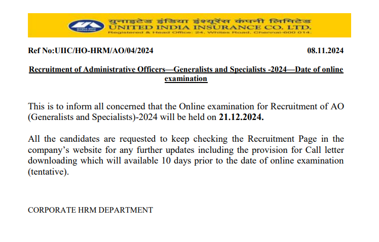 UIIC AO Exam Date 2024