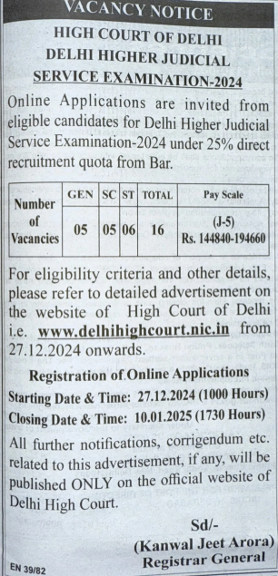 Delhi HJS Recruitment 2024