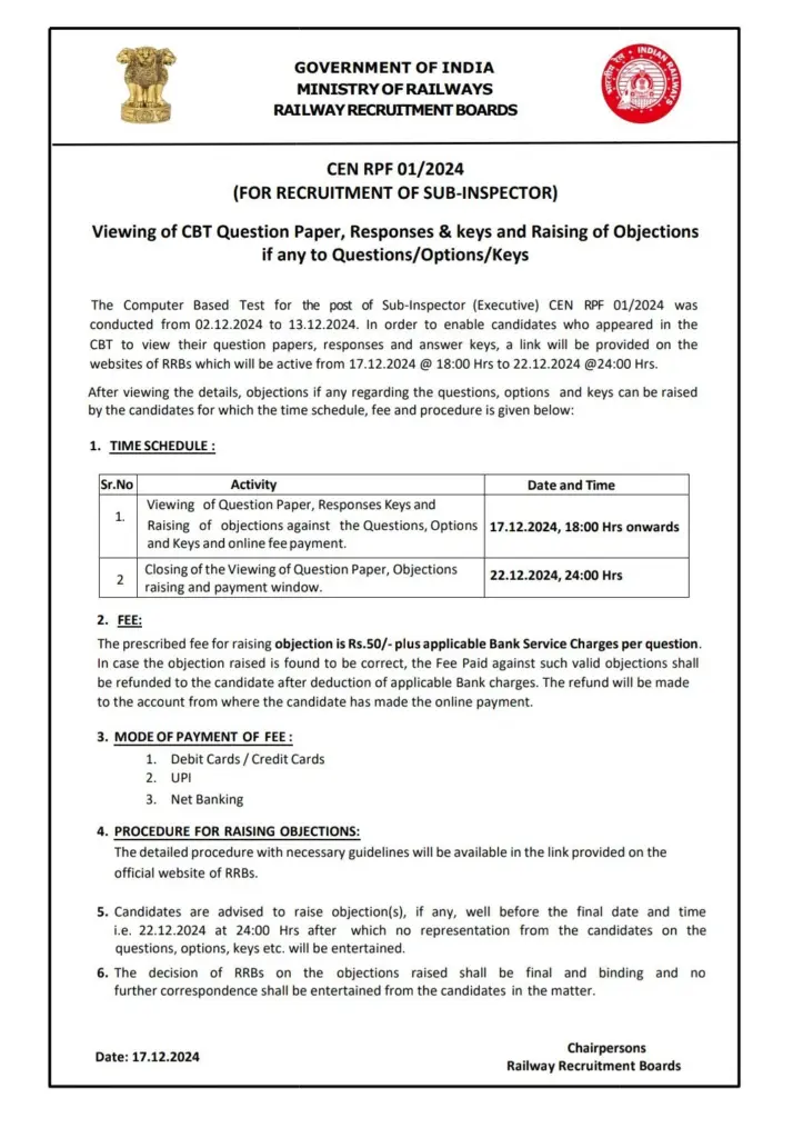 RPF SI Answer Key 2024