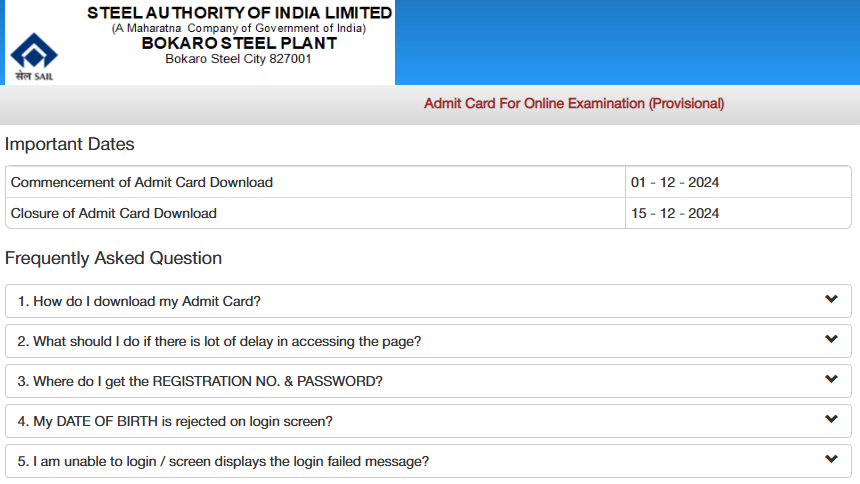 SAIL Bokaro Admit Card 2024