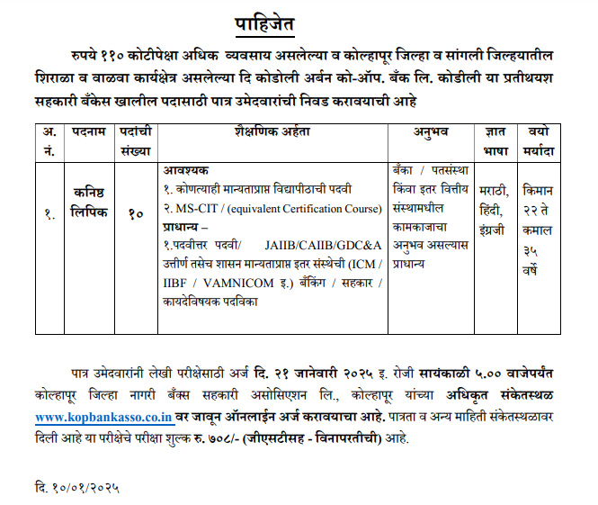 Kolhapur Zilla Nagari Bank Recruitment 2025