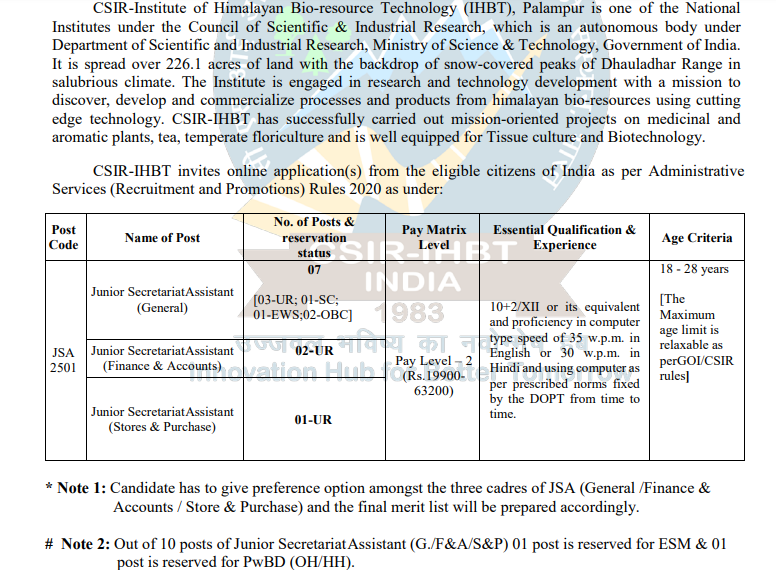 CSIR-IHBT JSA Recruitment 2025