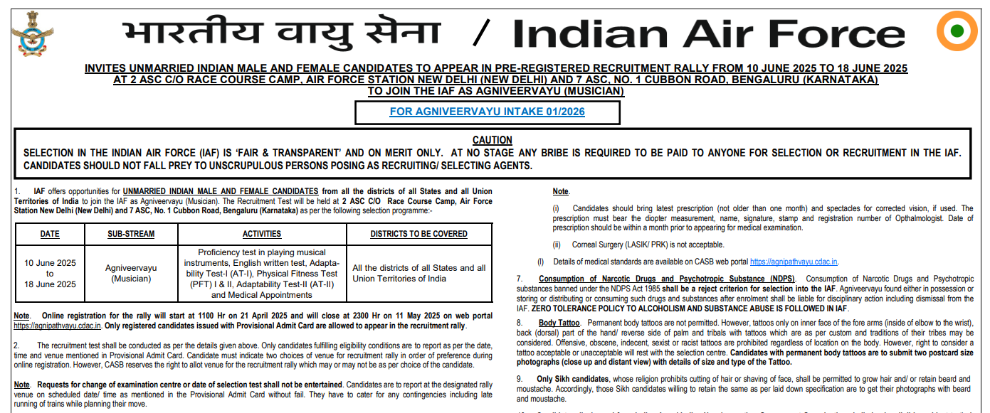 IAF Agniveervayu Musician Recruitment 2025