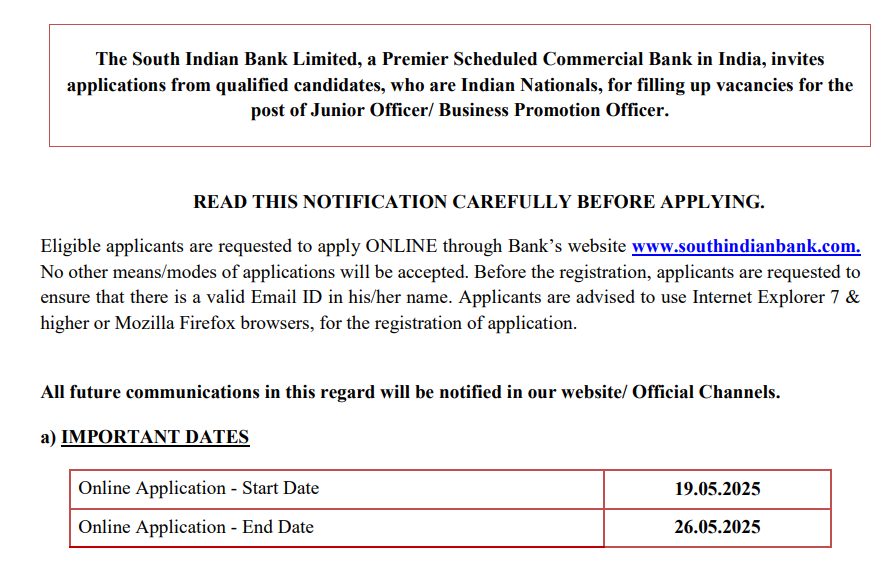 South Indian Bank Jr Officer Recruitment 2025