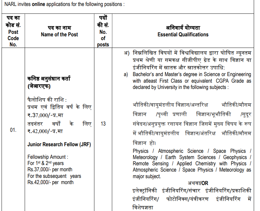 NARL Junior Research Fellow Recruitment 2025