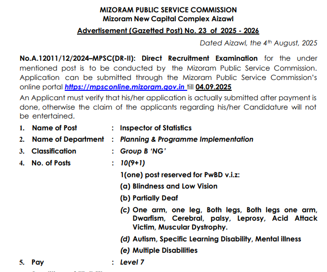 MPSC Inspector of Statistics Recruitment 2025