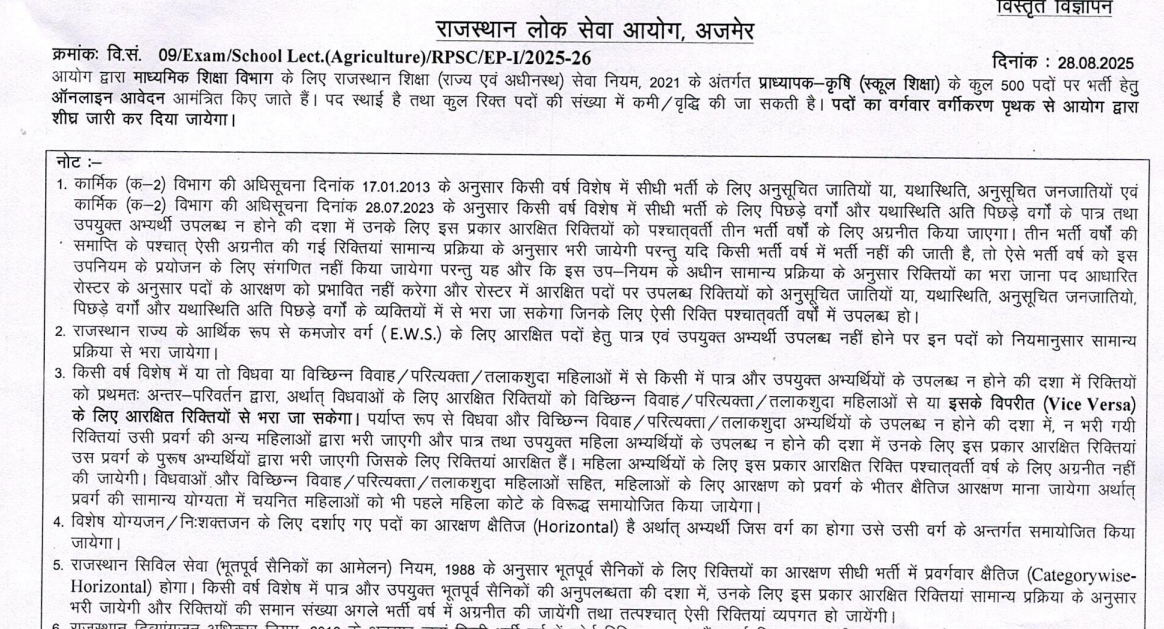 RPSC Agriculture School Lecturer Recruitment 2025