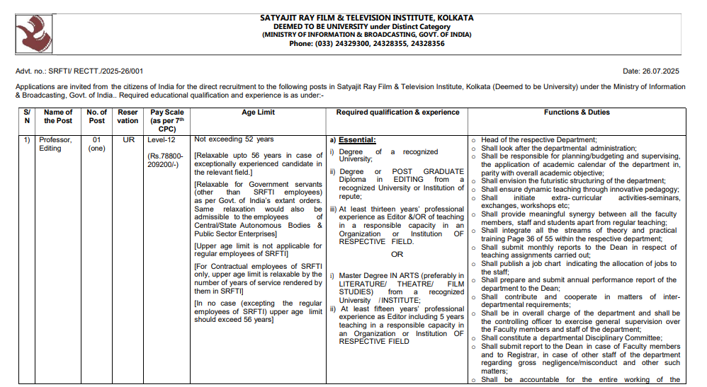 SRFTI Recruitment 2025