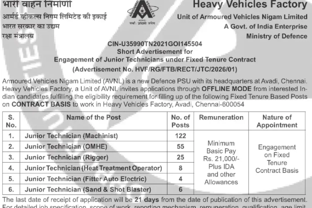 HVF Avadi Junior Technician Recruitment 2026