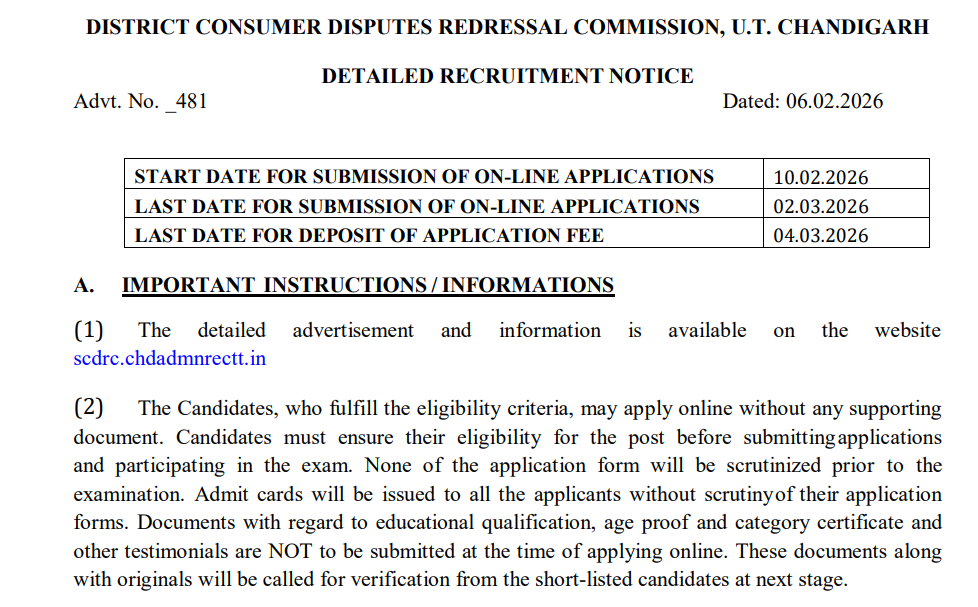 Chandigarh SCDRC Recruitment 2026