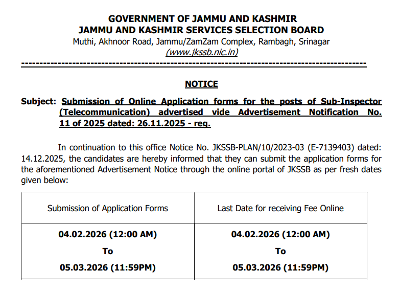 JKSSB Sub Inspector Recruitment 2026