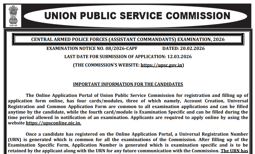 UPSC CAPF AC Recruitment 2026